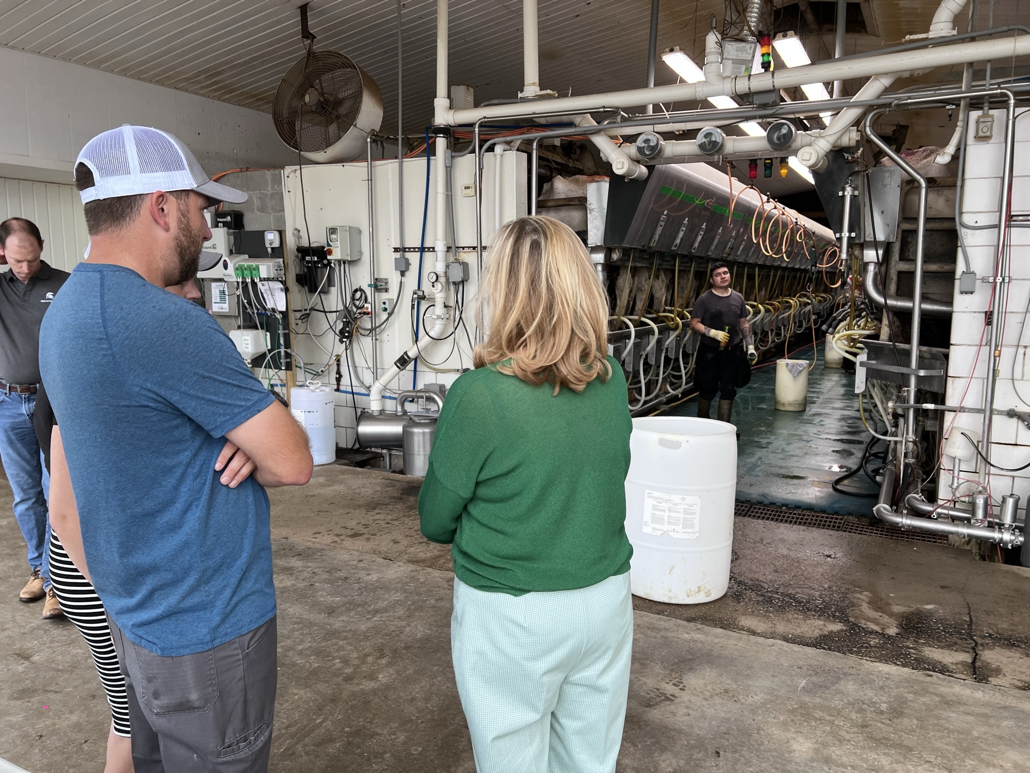 People standing in a milking parlor